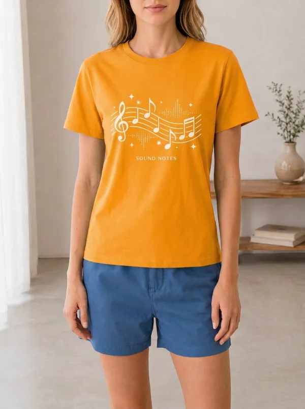 Women's Music Lover Sound Notes Musical Staff Printed T-shirt