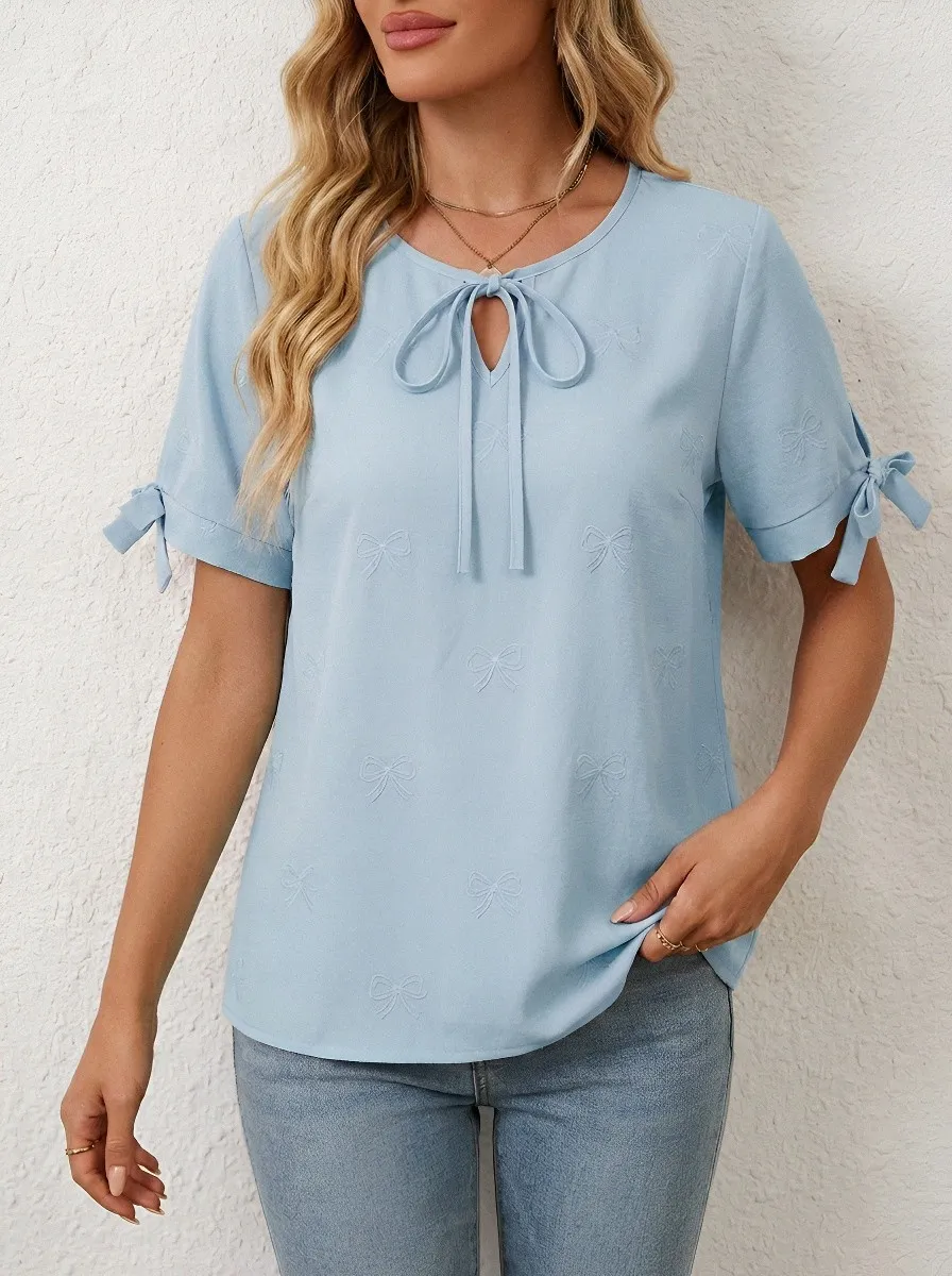 Women's Pink Bowknot Pattern Embroidered Tie-Neck Short Sleeve Top