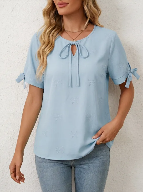 Women's Pink Bowknot Pattern Embroidered Tie-Neck Short Sleeve Top