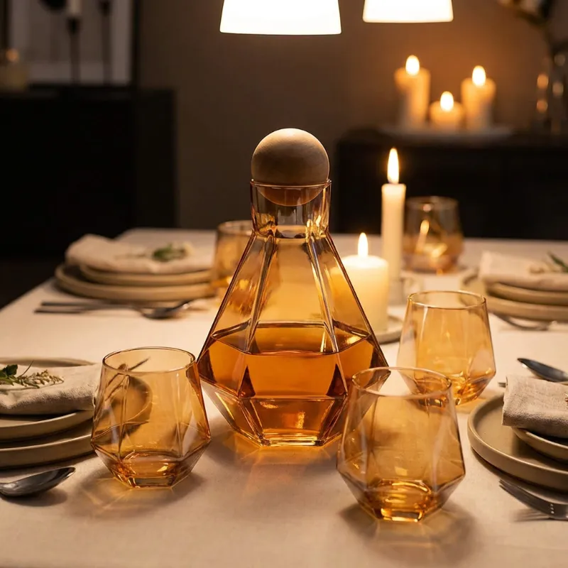 Modern Faceted Glass Decanter And Tumbler Set