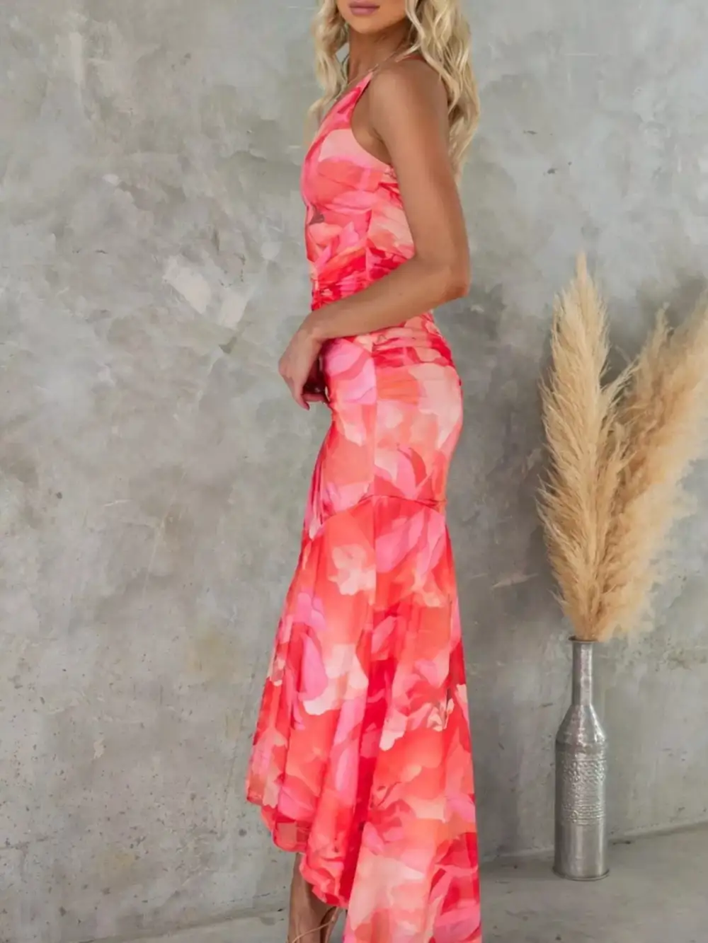 Ruched One-Shoulder Floral Maxi Dress