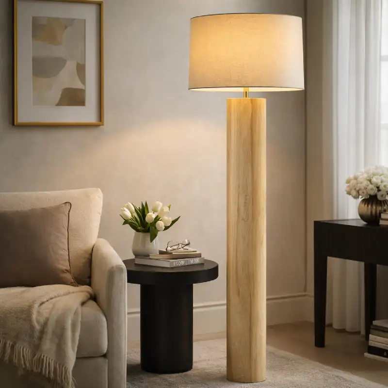 Rubberwood Cylindrical Floor Lamp