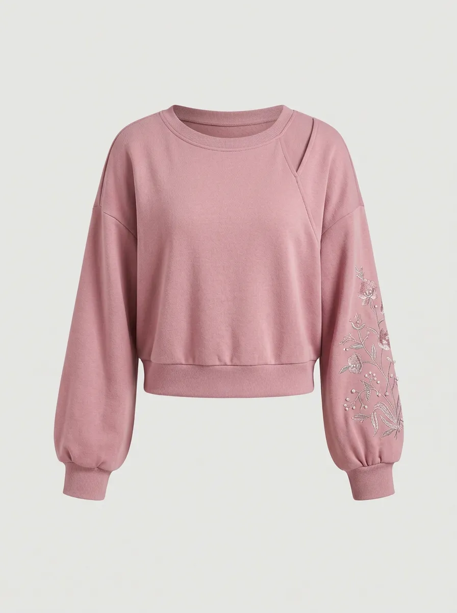 Women's Pink Floral Embroidery Cutout Detail Printed Sweatshirt