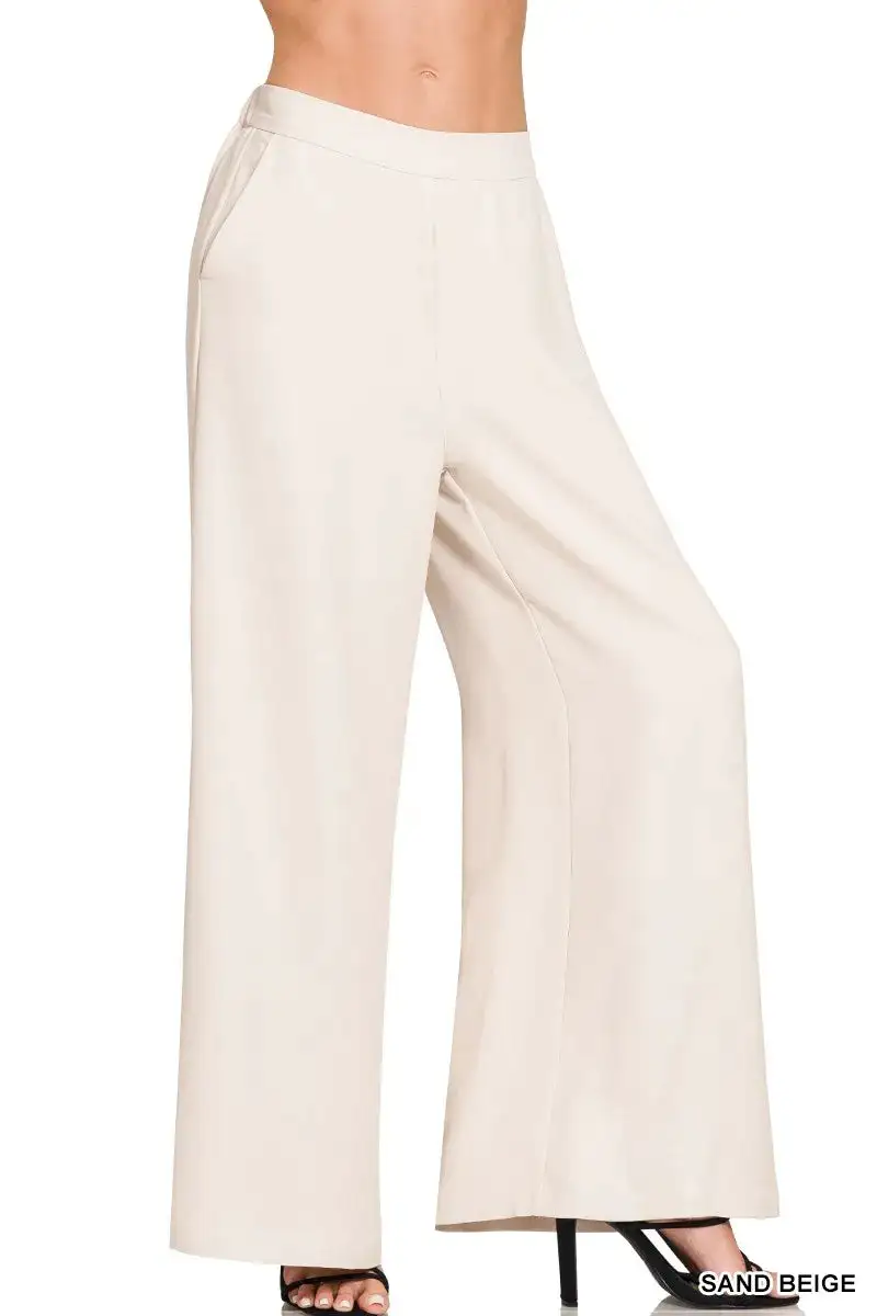 Wide Leg Relaxed Fit Elastic Waist Pocketed Pants