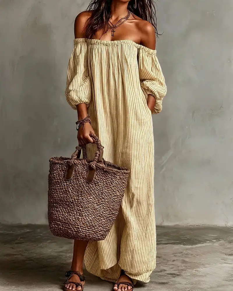 Striped Off-Shoulder Linen Resort Maxi Dress