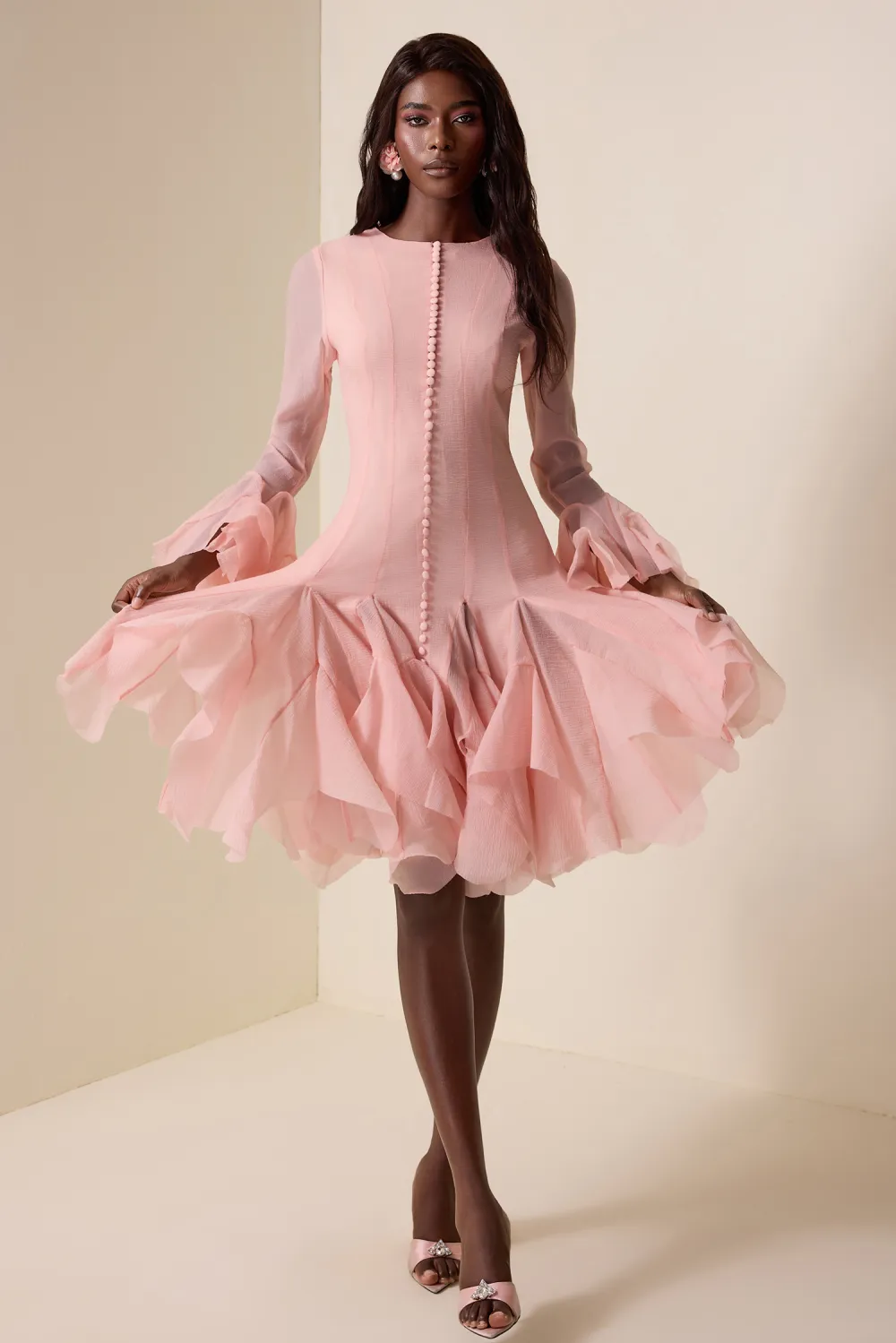 Solid Ruffle Bell Sleeve Midi Dress