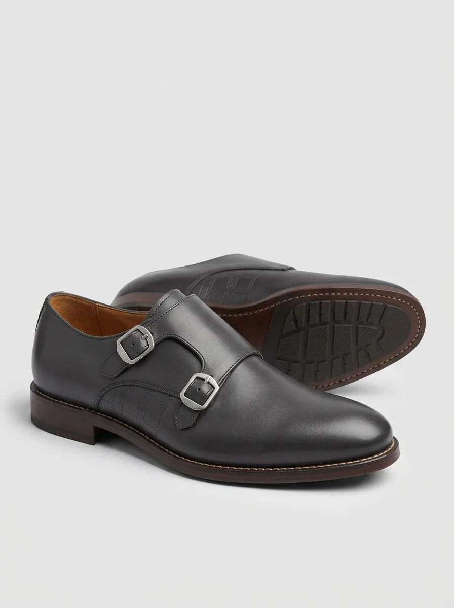 Men's Business Formal Plaid Pattern Double Monk Strap Leather Shoes