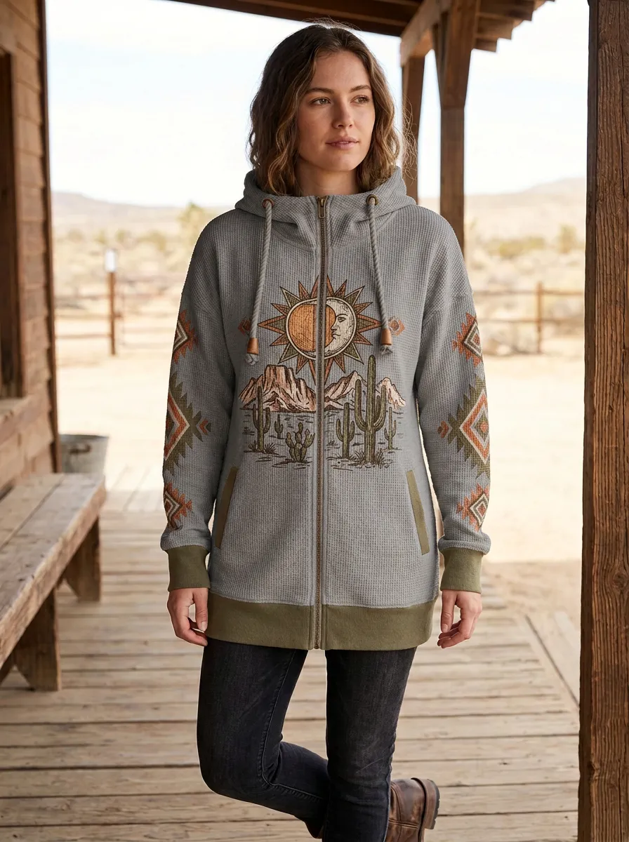 Women's Western Desert Sun Cactus Printed Zip-Up Hoodie