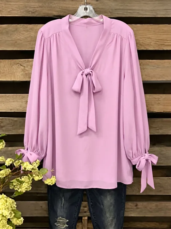 Women's V-neck Tie-neck Lantern Sleeve Blouse