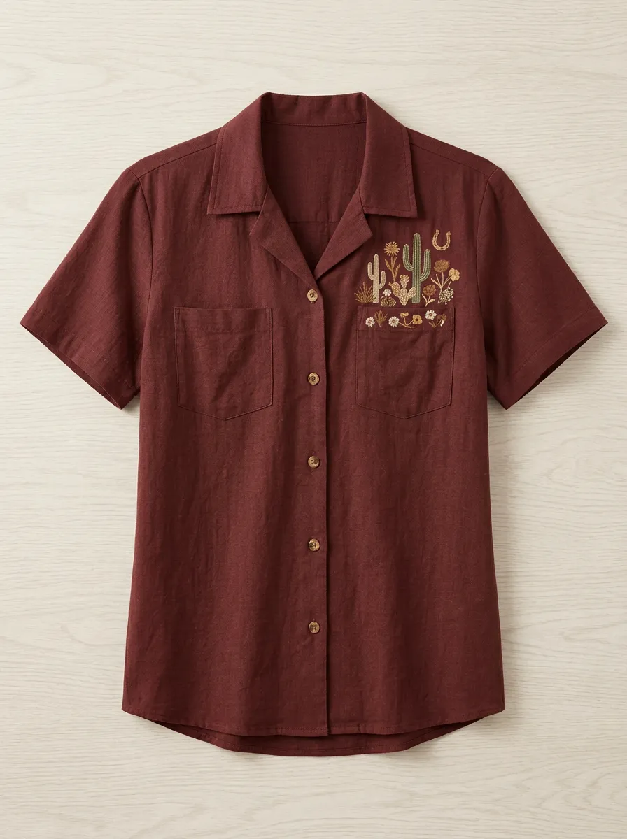 Women's Western Desert Lover Cactus Horseshoe Embroidered Short Sleeve Shirt