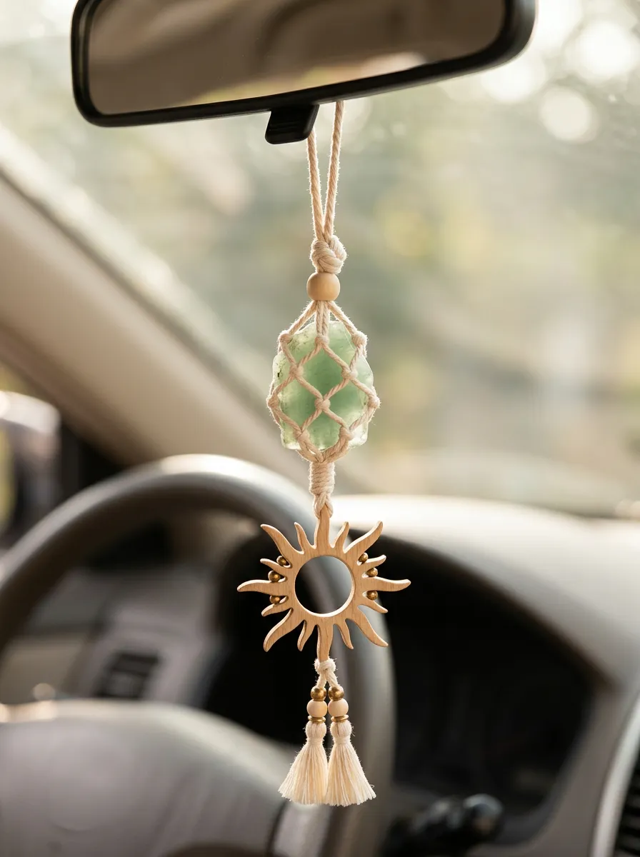 Macrame Crystal Rearview Mirror Hanging Ornament