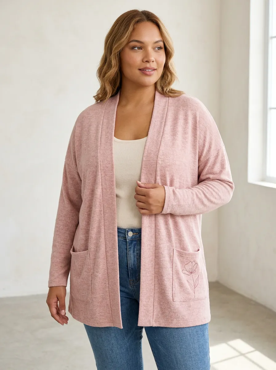 Pink Floral Minimalist Print Open-Front Cardigan