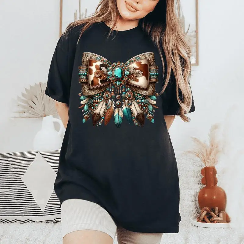 Western Girly Bow Cow Teal Turquoise Feathers Southwest Girl Women's Oversized Comfort T-Shirt