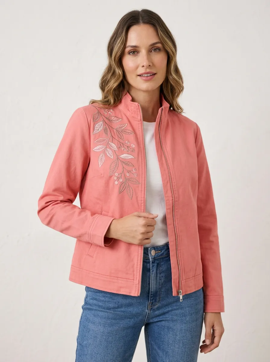 Women's Pink Floral Botanical Embroidered Zip-Up Jacket