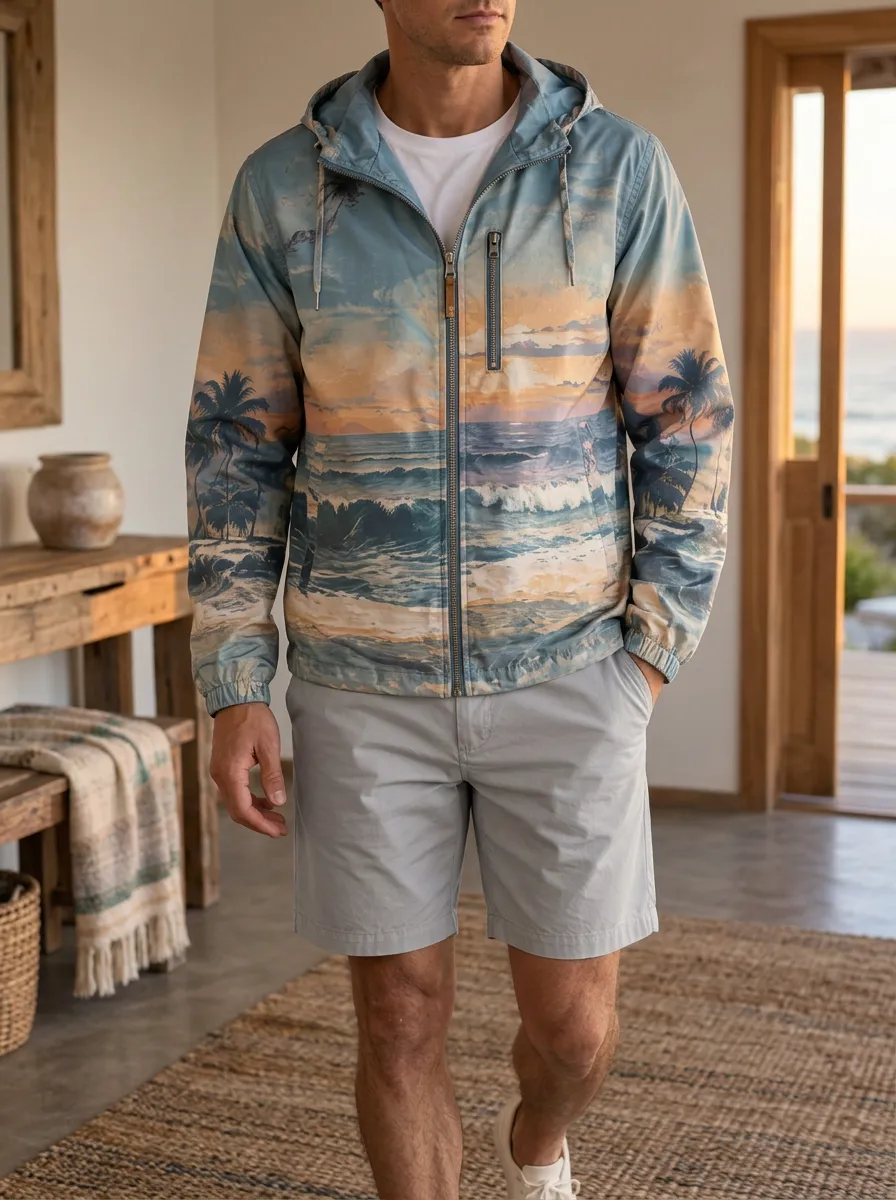 Men's Tropical Beach Sunset Palm Tree Rugged Street Jacket