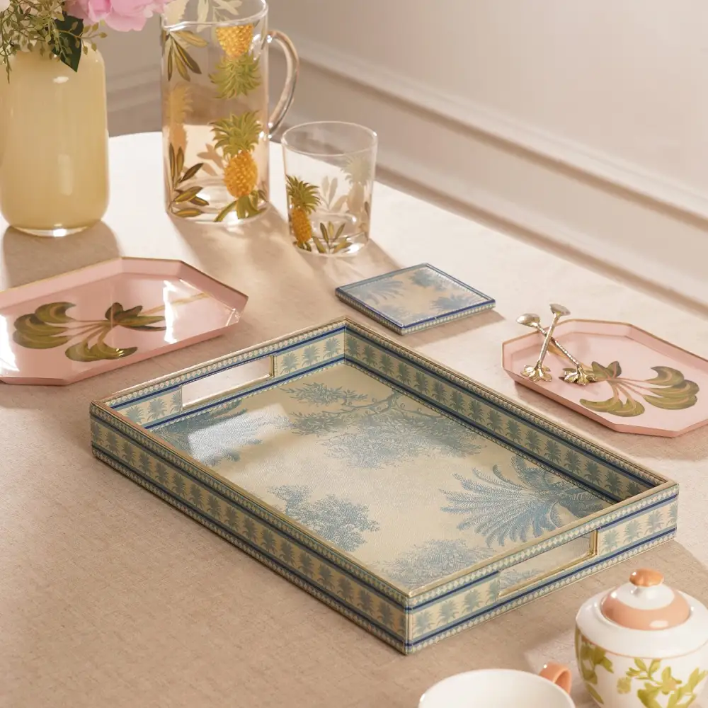 Blue Rectangular Faux Leather Tray