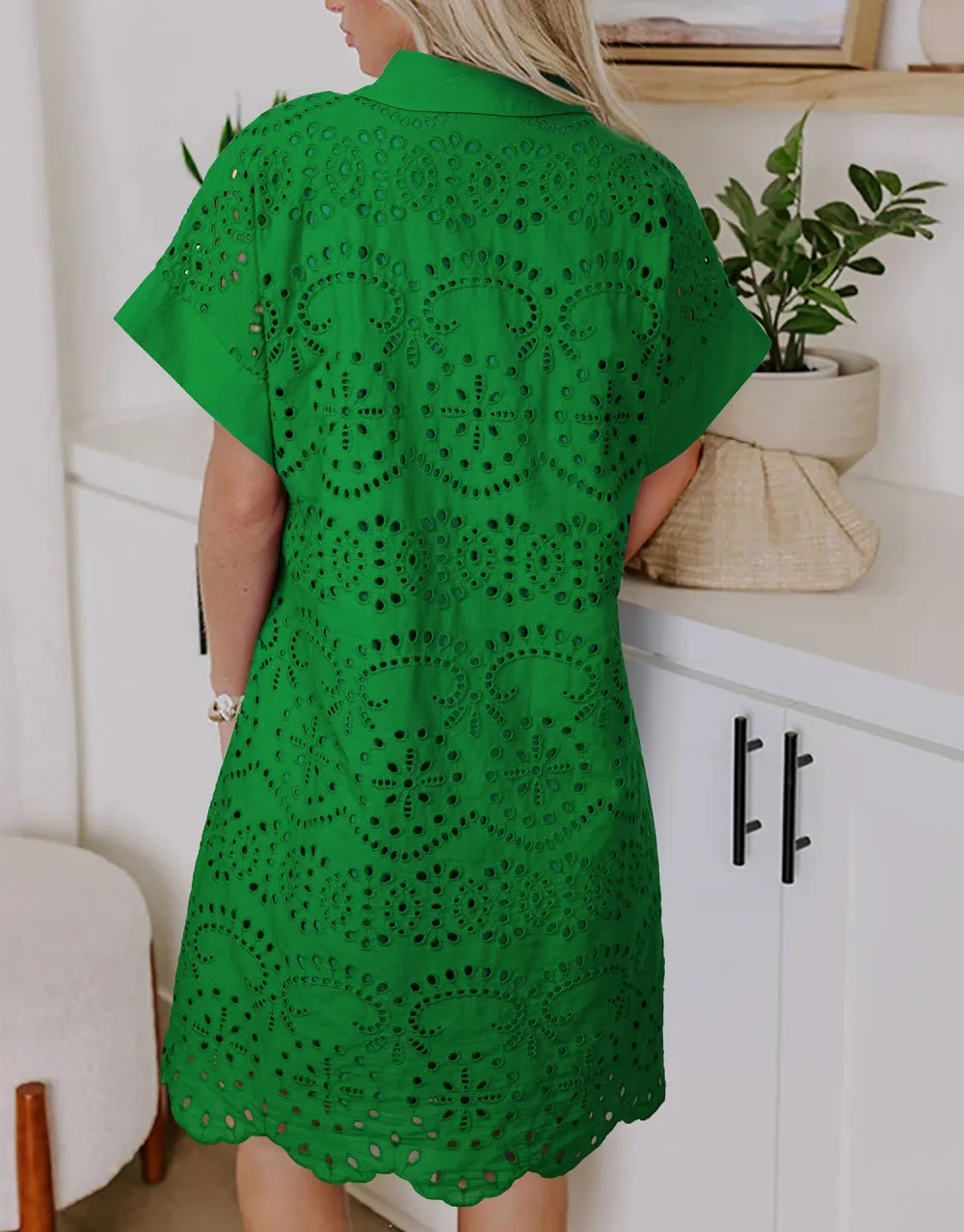 Solid Color Eyelet Embroidered T Shirt Mini Dress Fresh