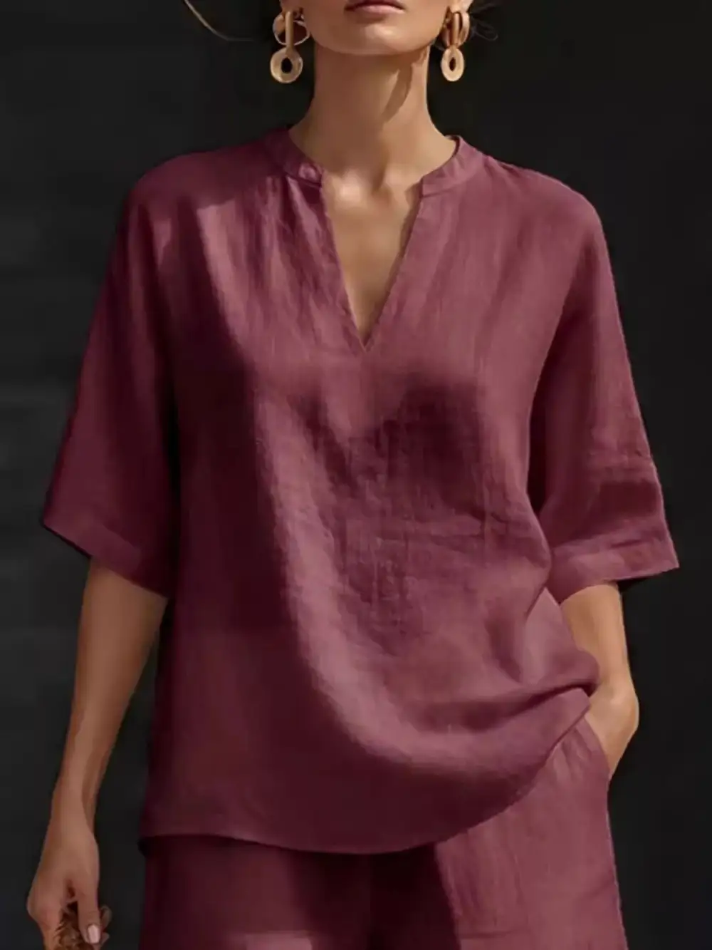 Notched Half Sleeve Top Shorts Set Plus
