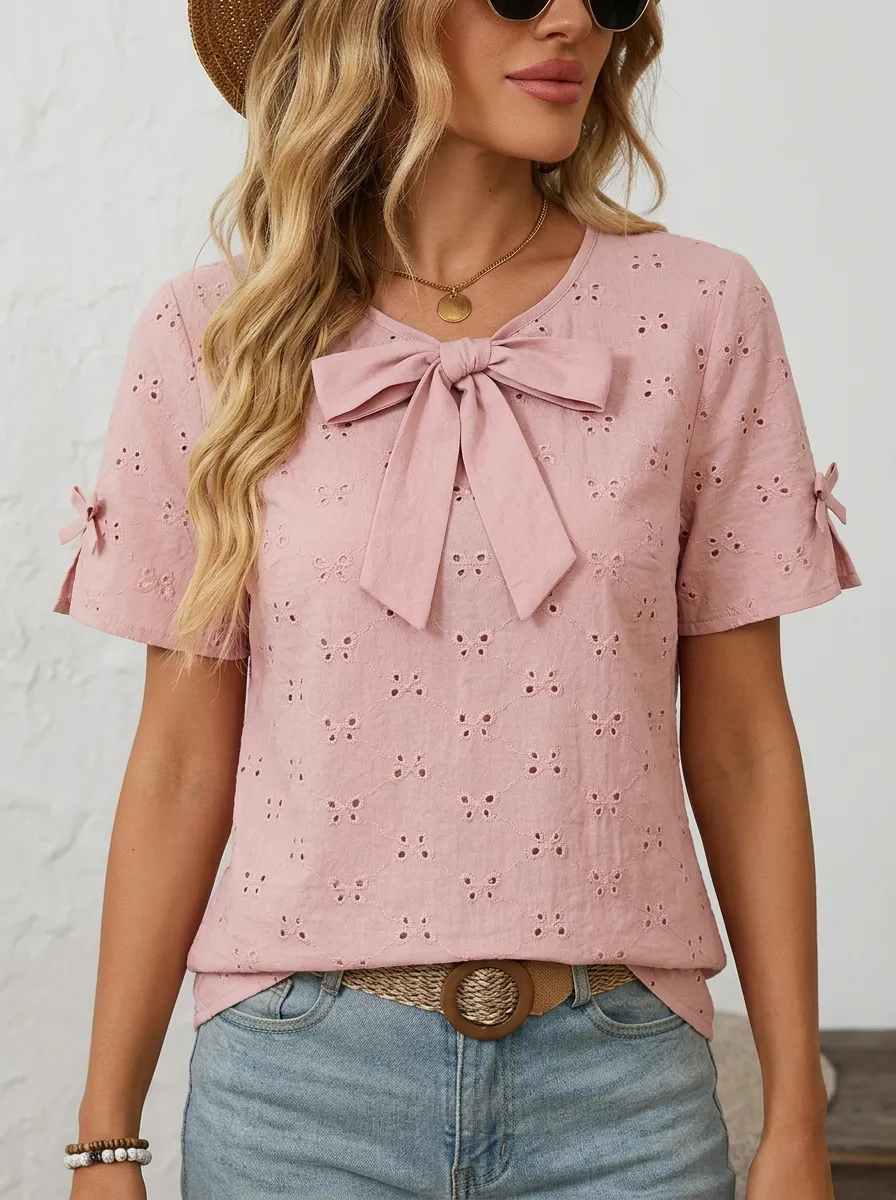 Women's Round Neck Bow-detail Embroidered Blouse