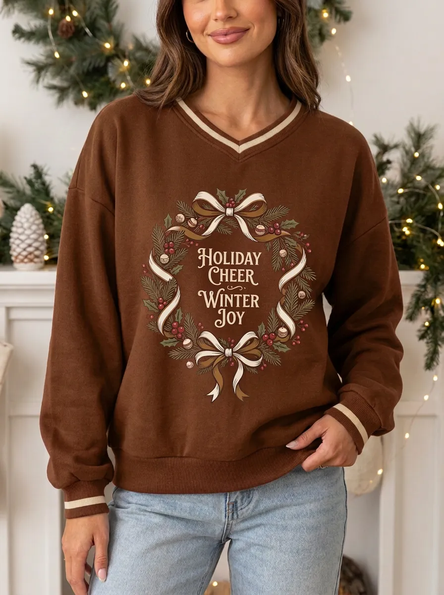 Christmas Holiday Cheer Winter Joy Wreath Print Sweatshirt