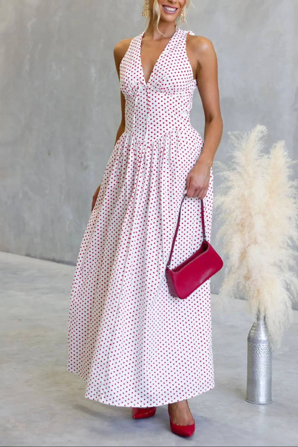 Classic Halter Polka-Dot Maxi Dress