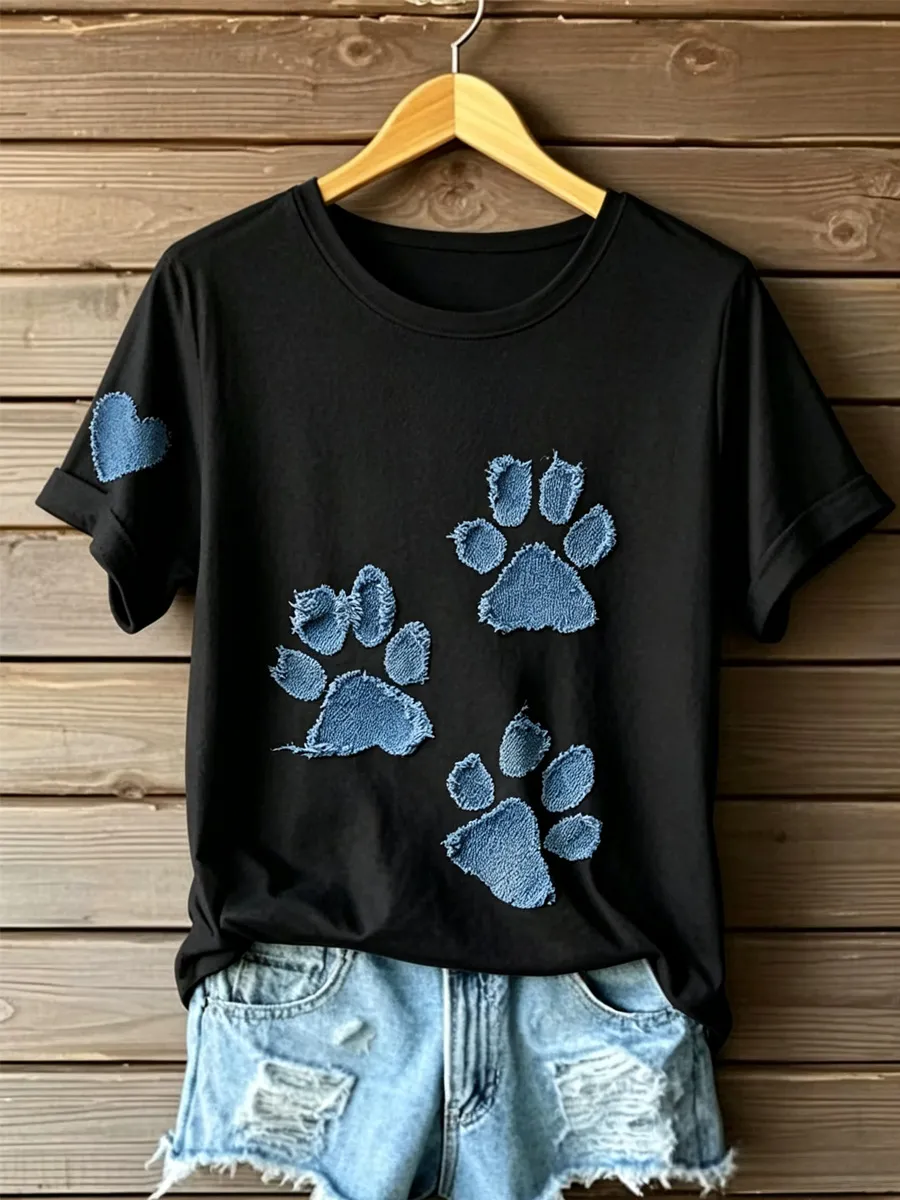Women'S Cute Dog Art Printed Round Neck T-Shirt