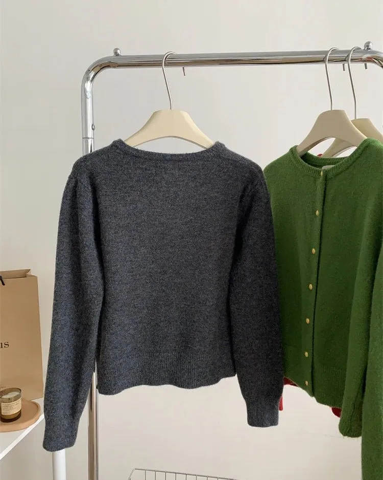 Classic Wool Button-Front Round-Neck Cardigan