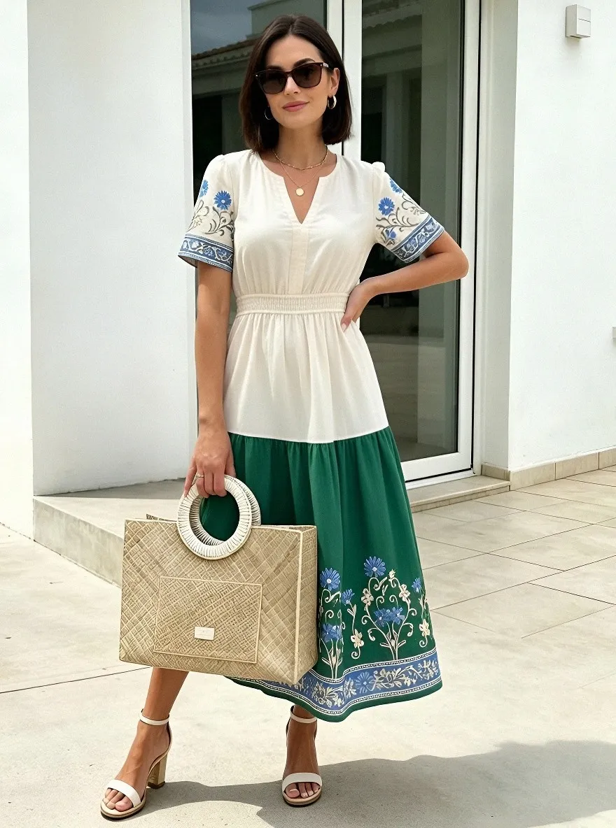 Women's Summer Vacation Blue Floral Embroidered Printed Dress