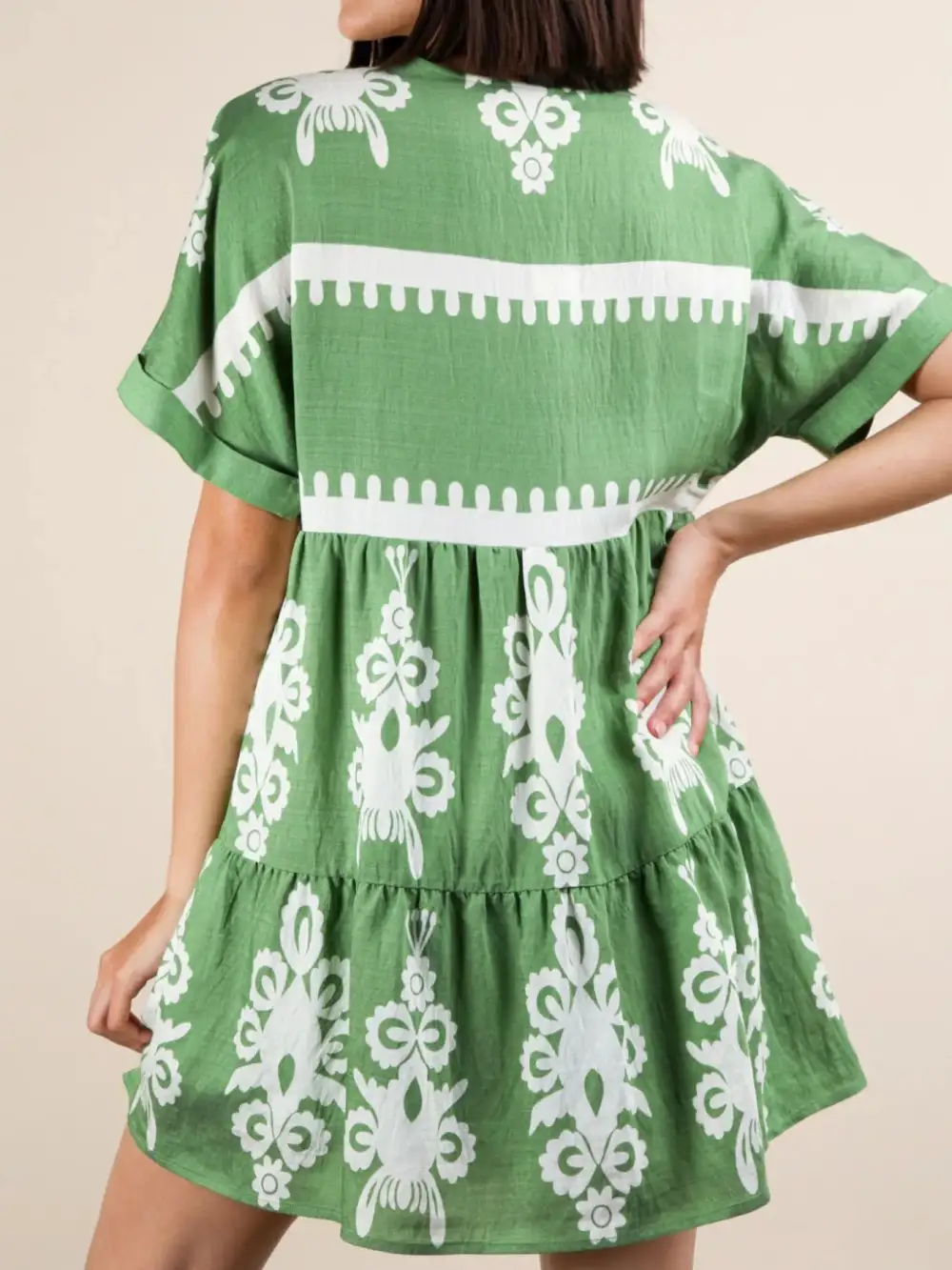 Printed V Neck Short Sleeve Mini Dress