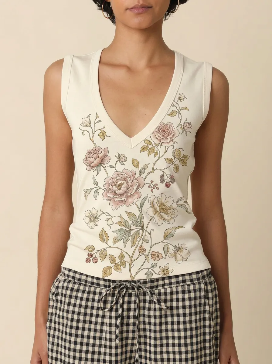 Women's Botanical Floral Art Printed V-Neck Tank Top