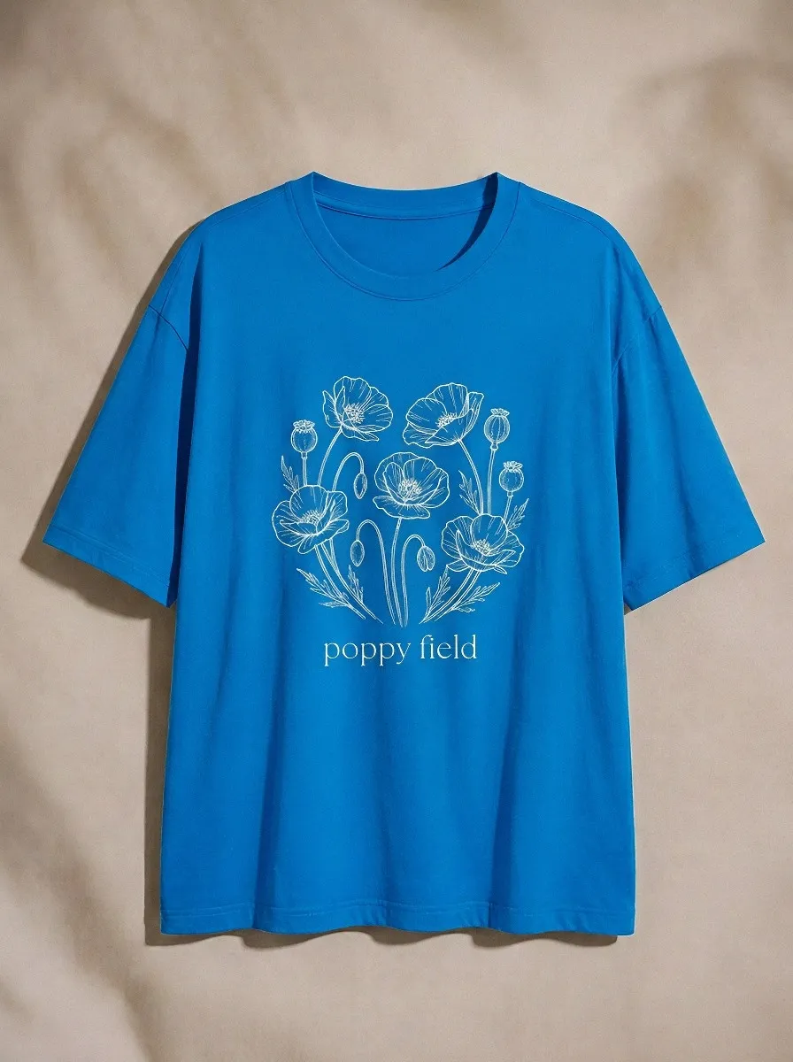 Unisex Nature Lover Poppy Field Floral Line Art Printed T-shirt