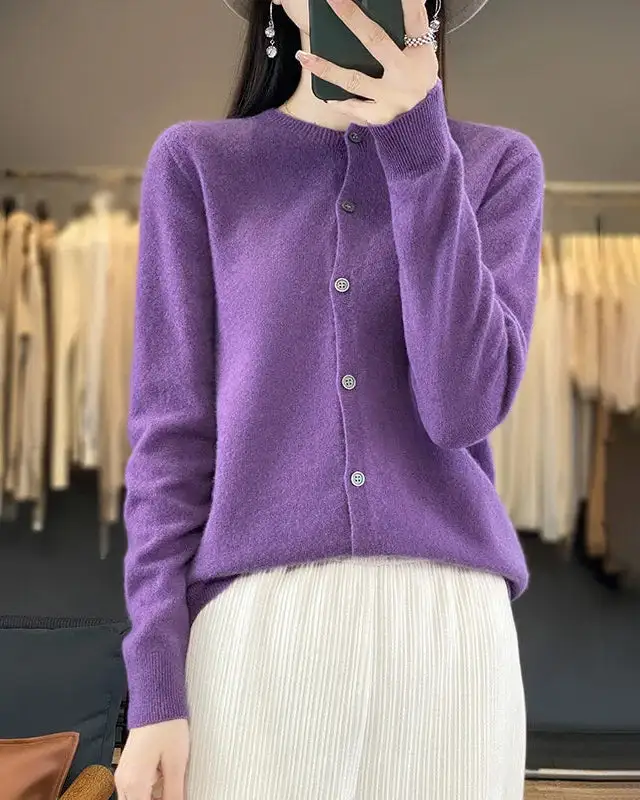 Merino-Wool Wool Round-Neck Cardigan