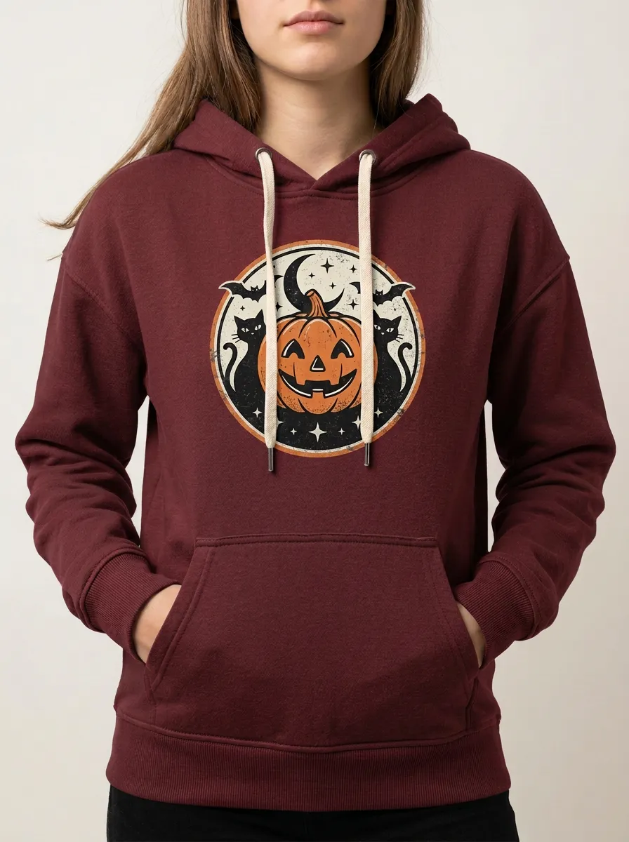 Women's Halloween Pumpkin Cat Bat Printed Hoodie