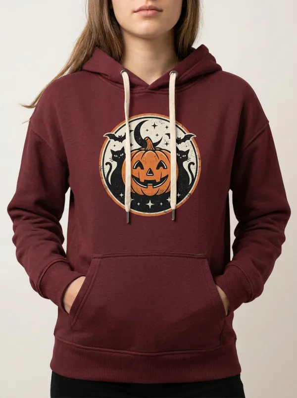 Women's Halloween Pumpkin Cat Bat Printed Hoodie