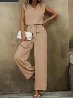 Refined V-Neck Wide-Leg Pants Matching Set