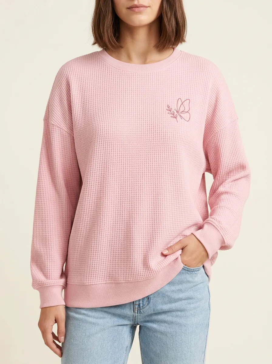Women's Pink Butterfly Floral Minimalist Printed Waffle Sweatshirt