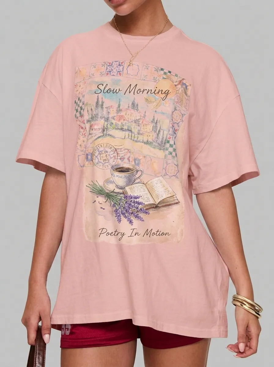 Women's Slow Morning Coffee Lavender Book Printed T-shirt