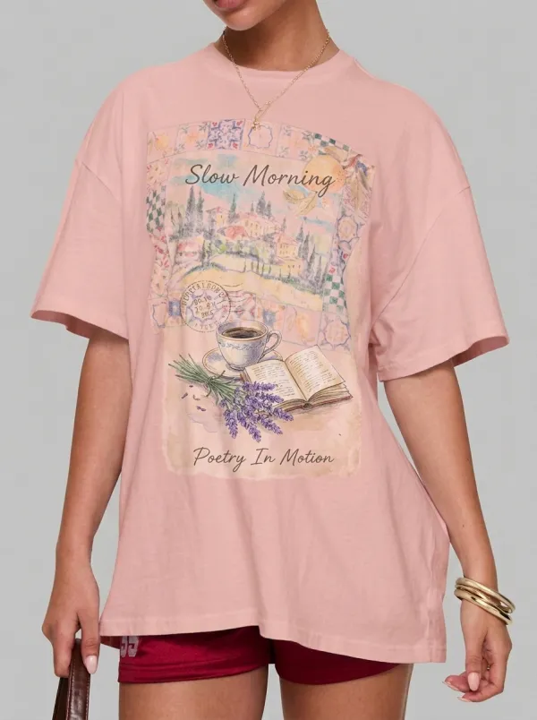 Women's Slow Morning Coffee Lavender Book Printed T-shirt
