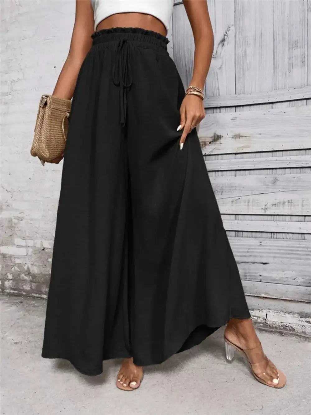 Wide Leg Ruffle Detail Casual Everyday Pants