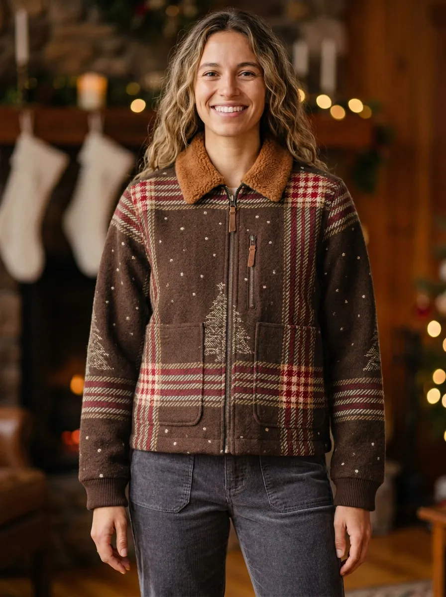 Christmas Holiday Plaid Tree Pattern Print Jacket