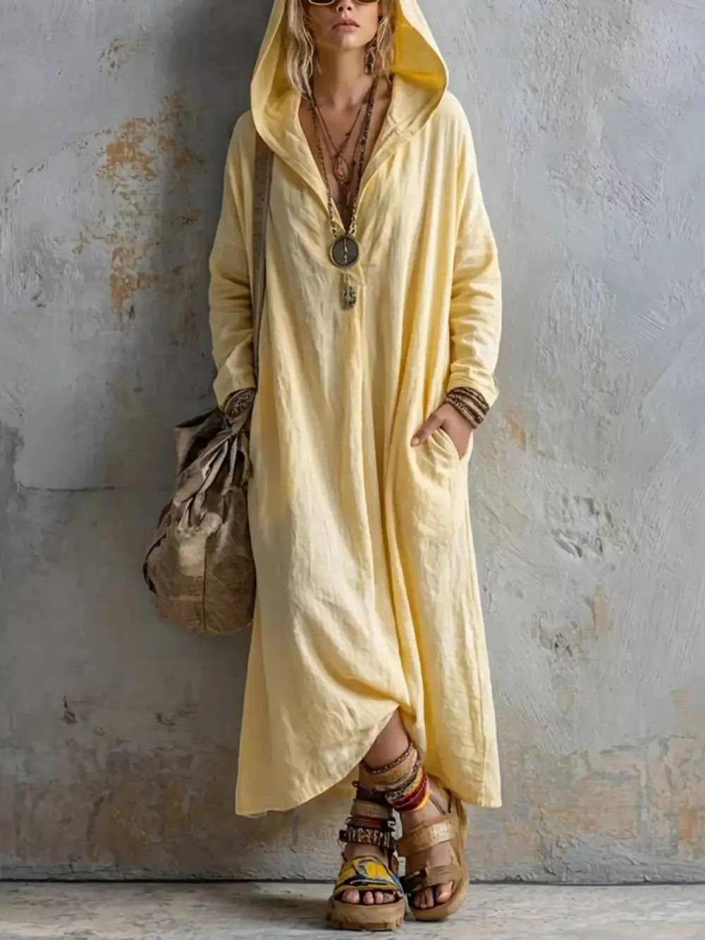 Long Sleeve Hooded Midi Dress With Pockets