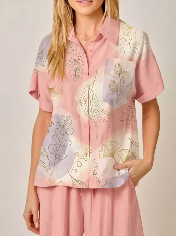 Women's Botanical Floral Abstract Printed Button-Down Shirt
