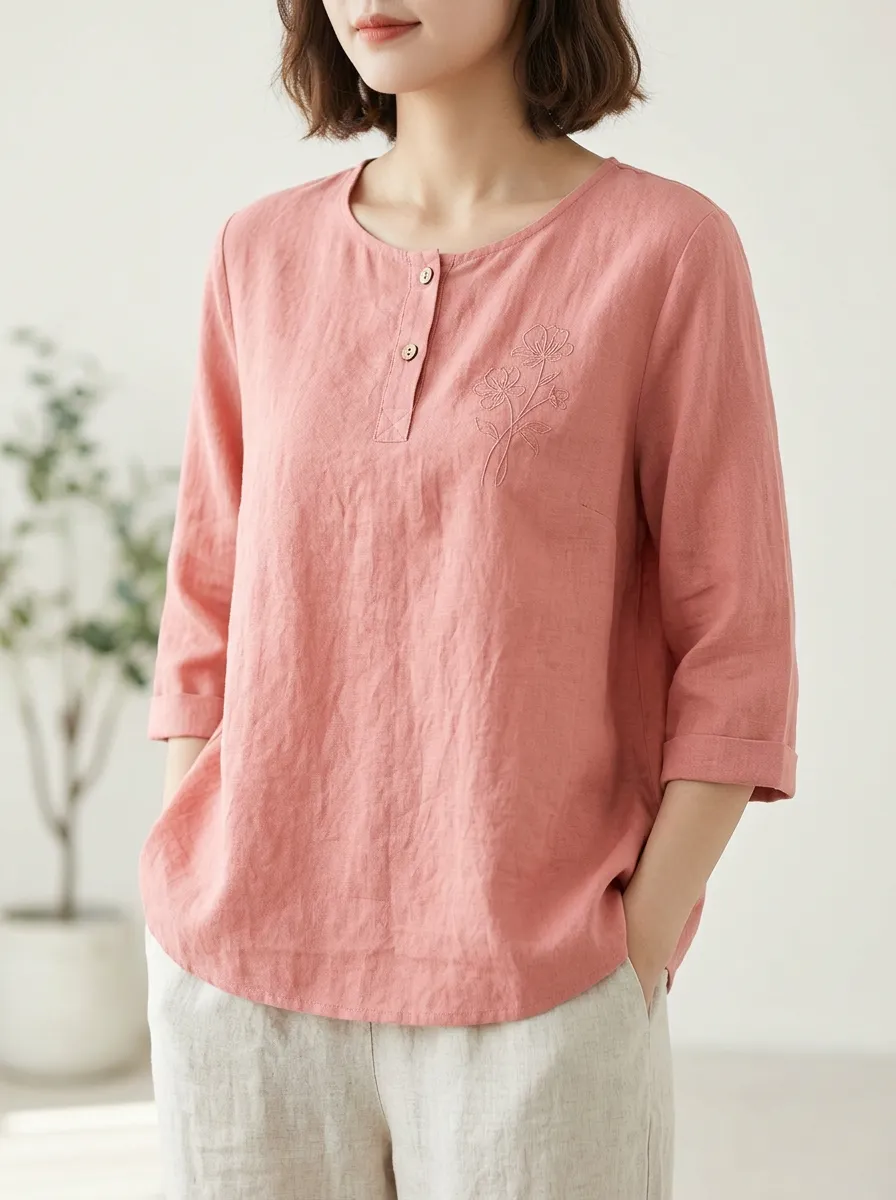 Women's Pink Floral Embroidery Button-Up Cotton And Linen Top