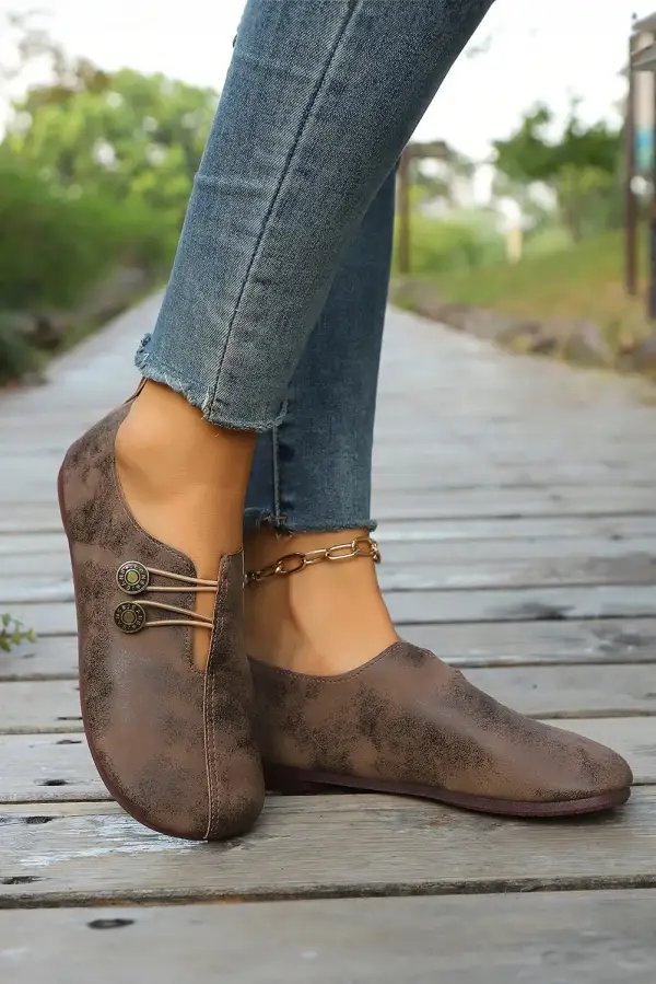 Vintage Button Detail Faux Leather Loafer Shoes