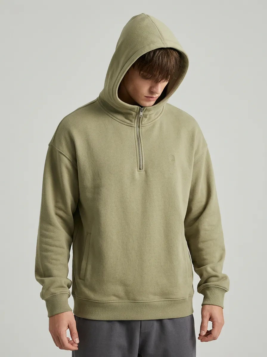 Men's Olive Green Minimalist Embroidered Quarter Zip Hoodie