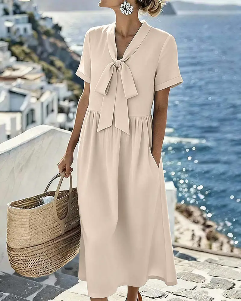 Elegant V-Neck Tie-Front Short Sleeve Midi Dress