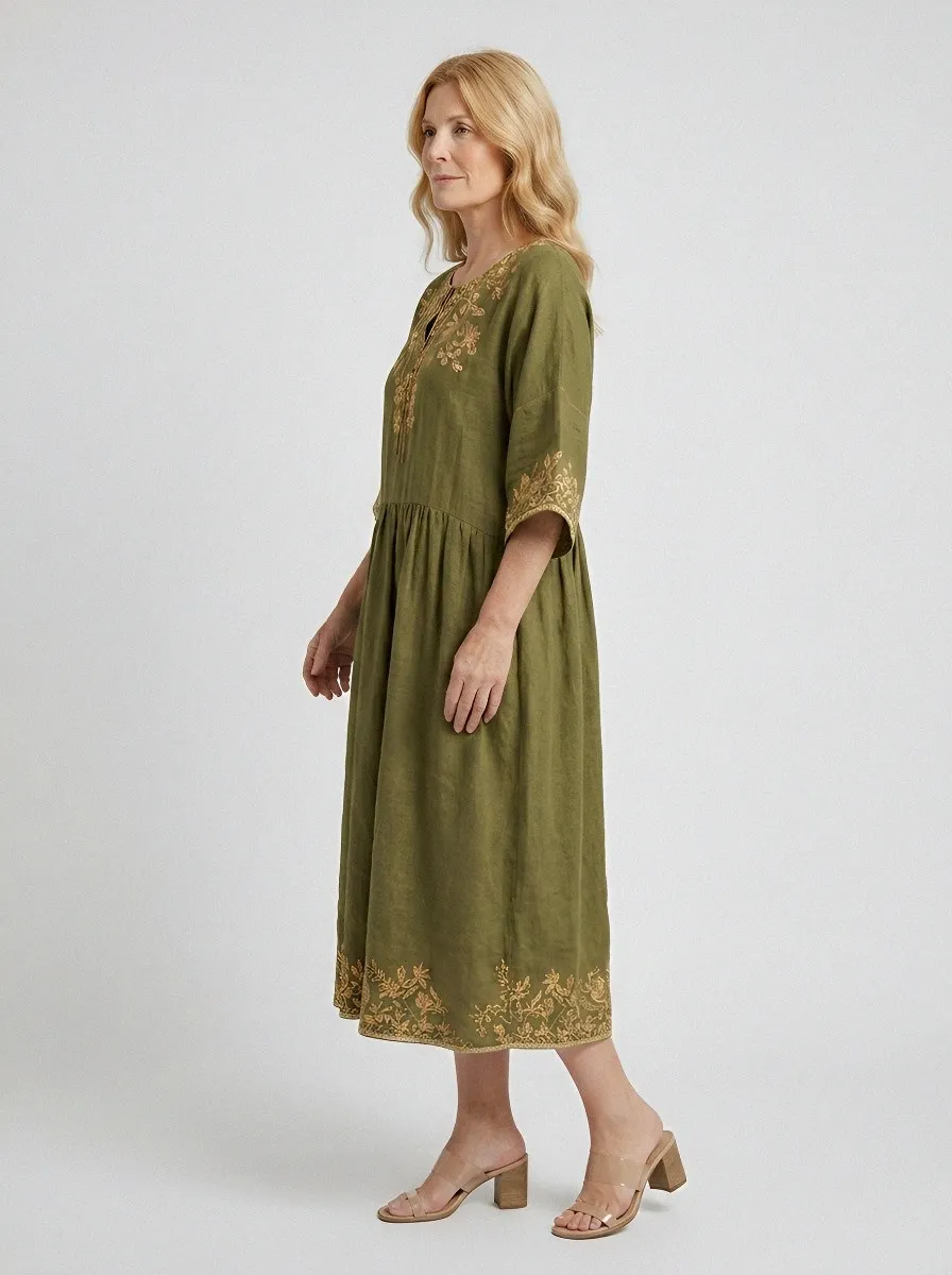 Women's Summer Vacation Olive Floral Embroidered Printed Dress