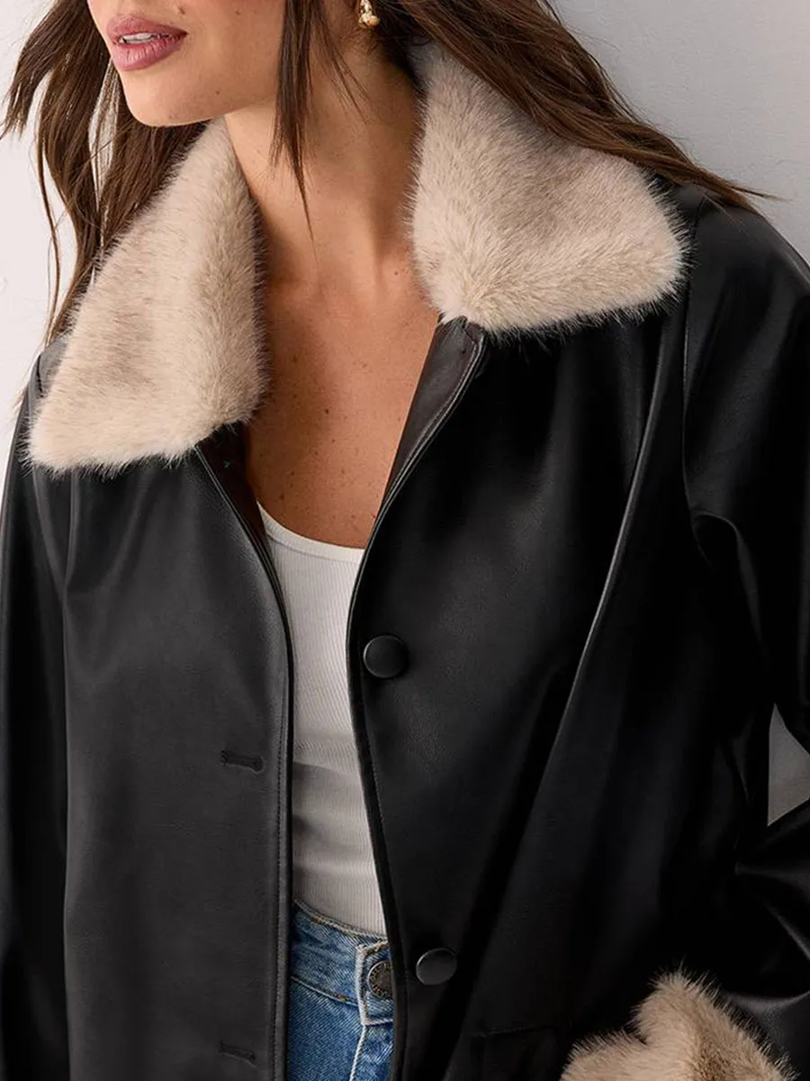 Women's Vintage-Style Faux Fur Collar Leather Long Jacket