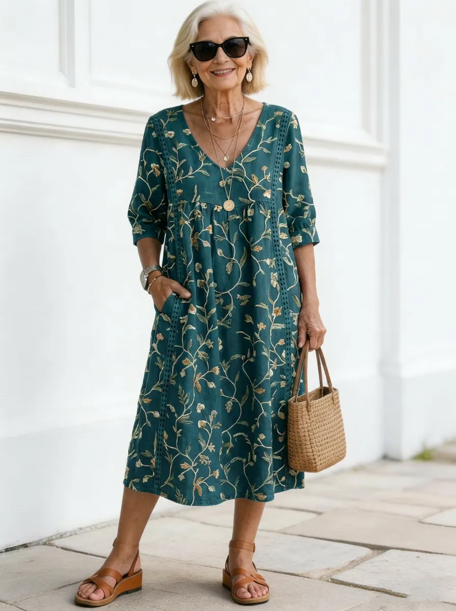 Women's Summer Vacation Floral Vine Printed Midi Dress