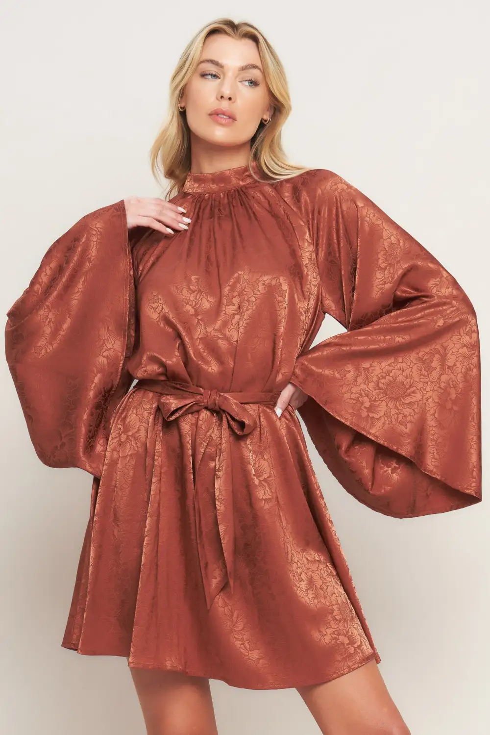 Bell-Sleeve Satin Mini Dress